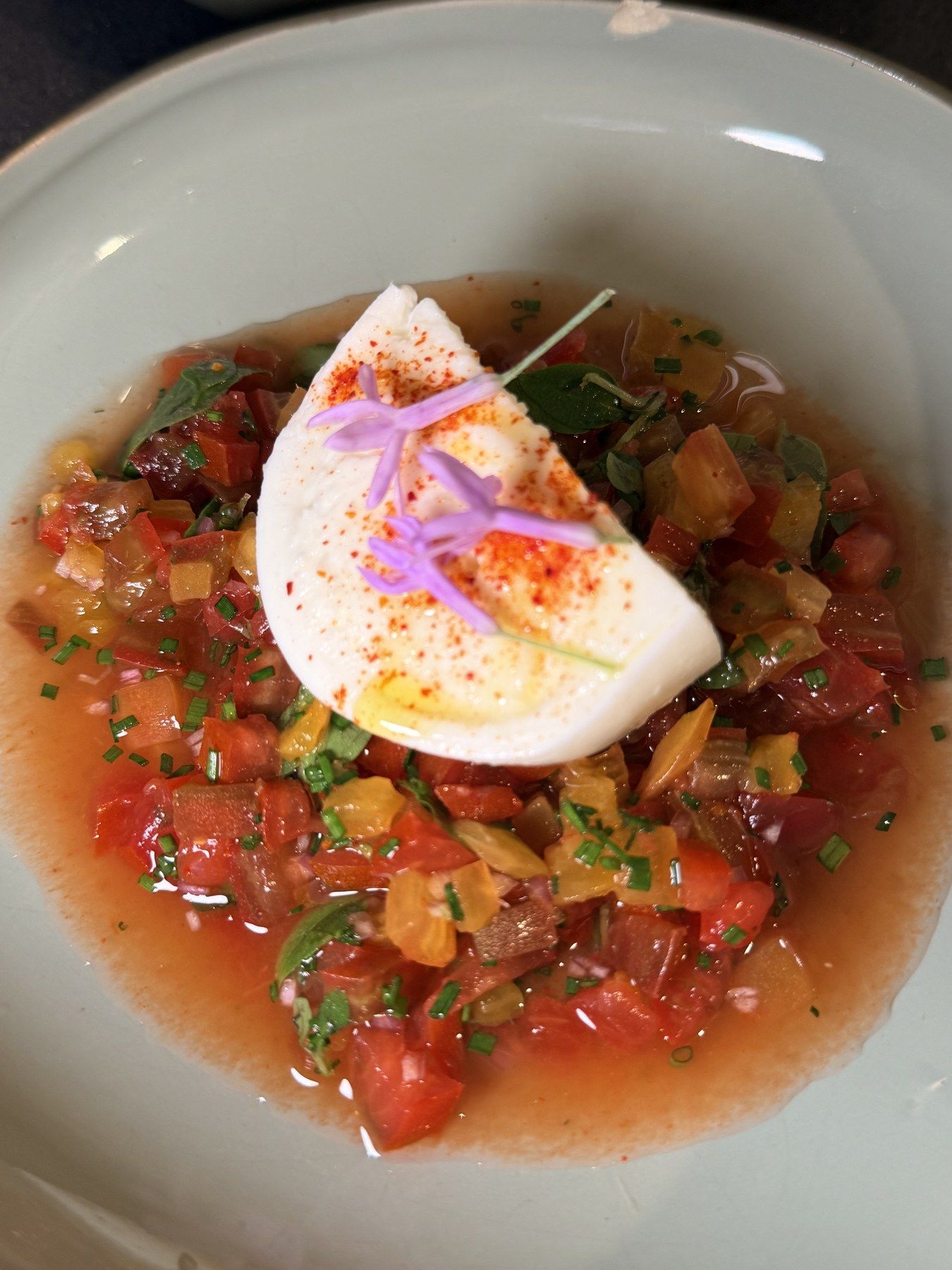 Crushed-tomato starter with fresh herbs in a serving bowl.