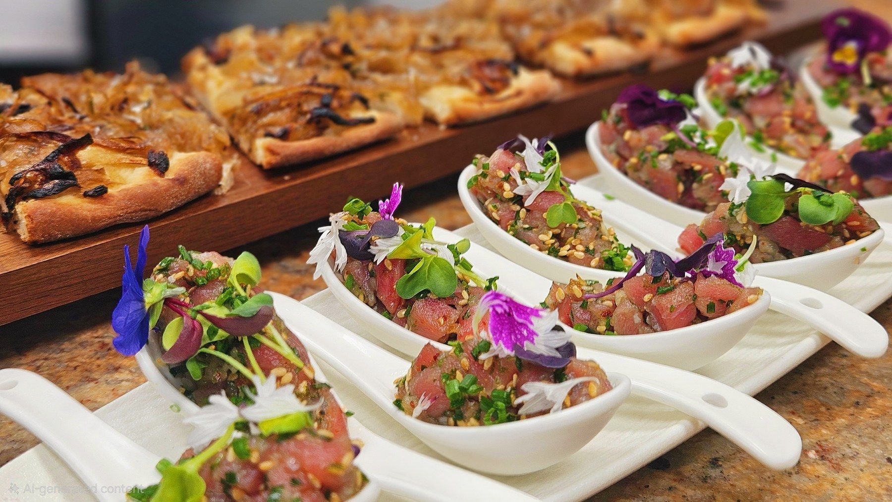 Tartare spoons dressed with edible flowers for the apéritif.