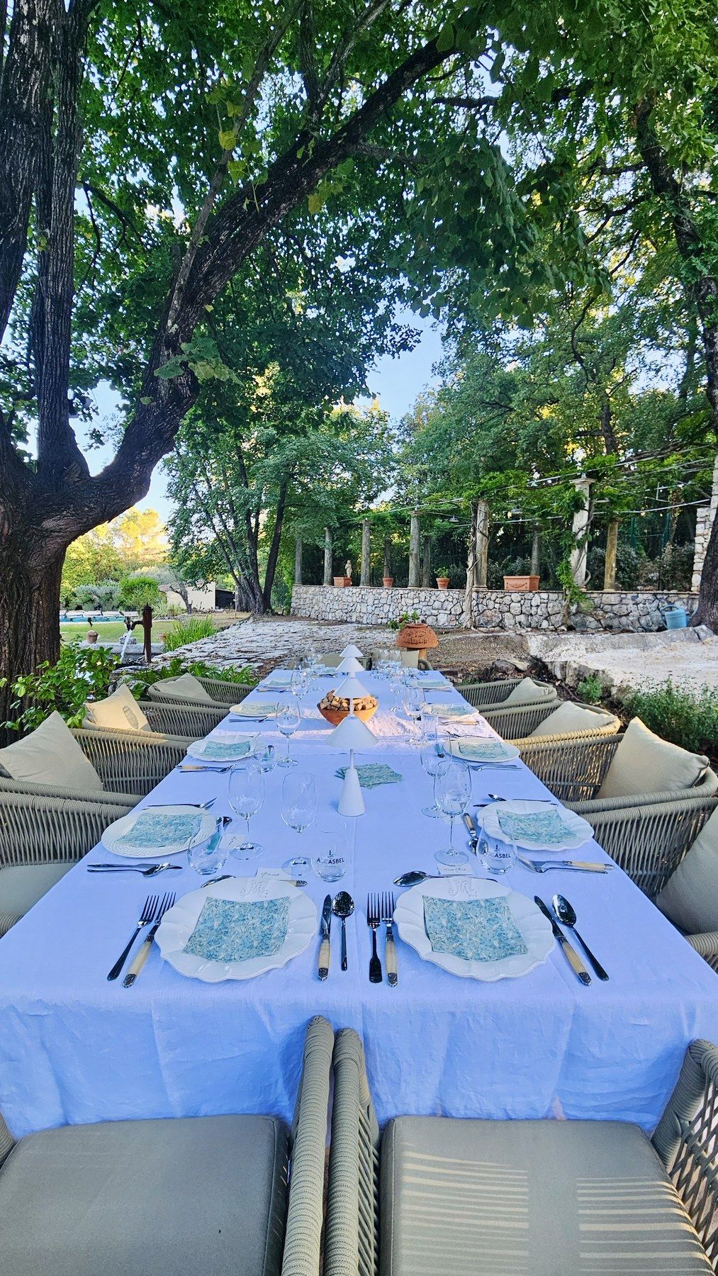 Long table in pale-blue linen set under the trees.