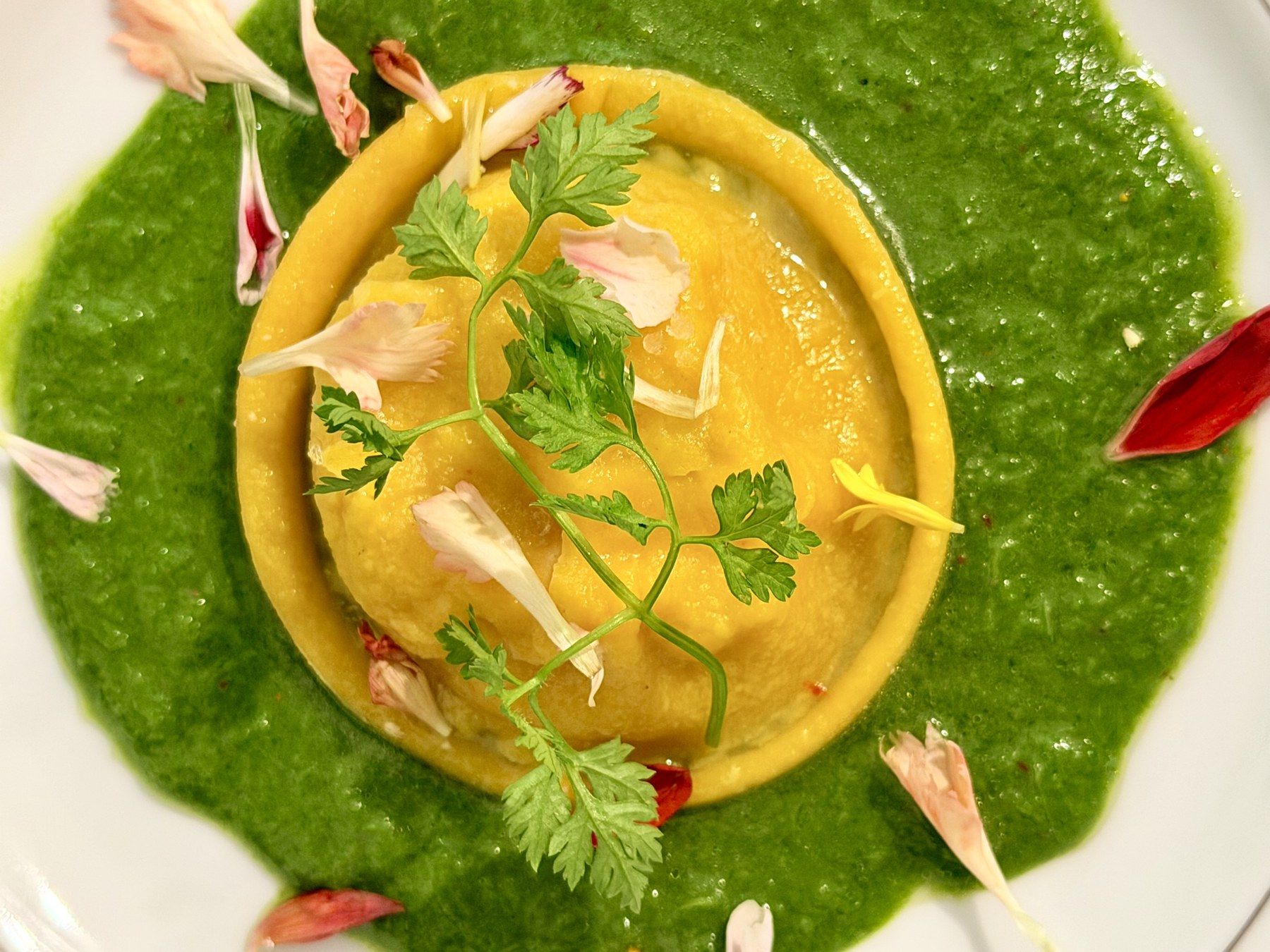 Large raviole on a green herb coulis, scattered with flower petals.