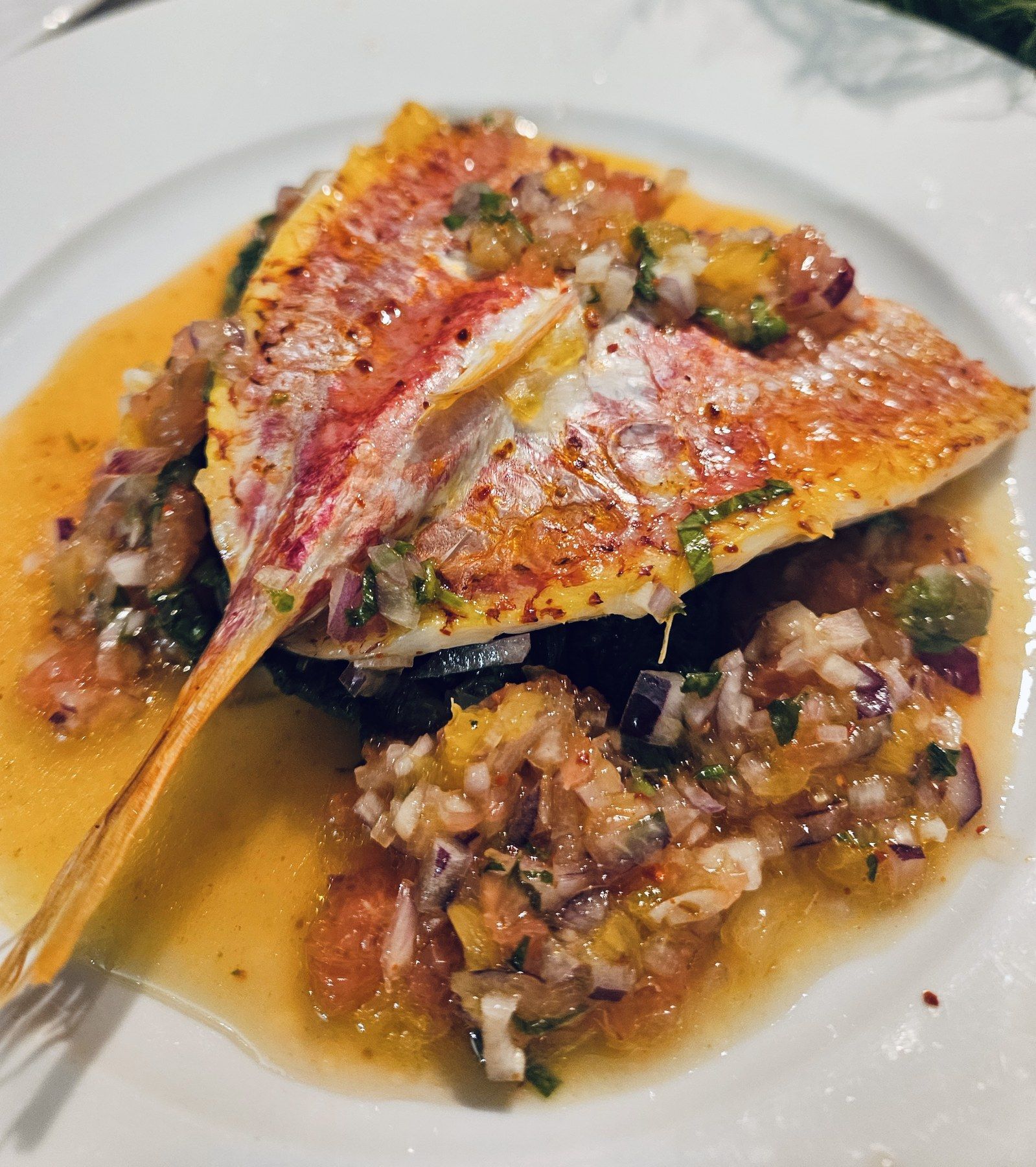 Red mullet fillets over a Provençal-style crushed-vegetable base.