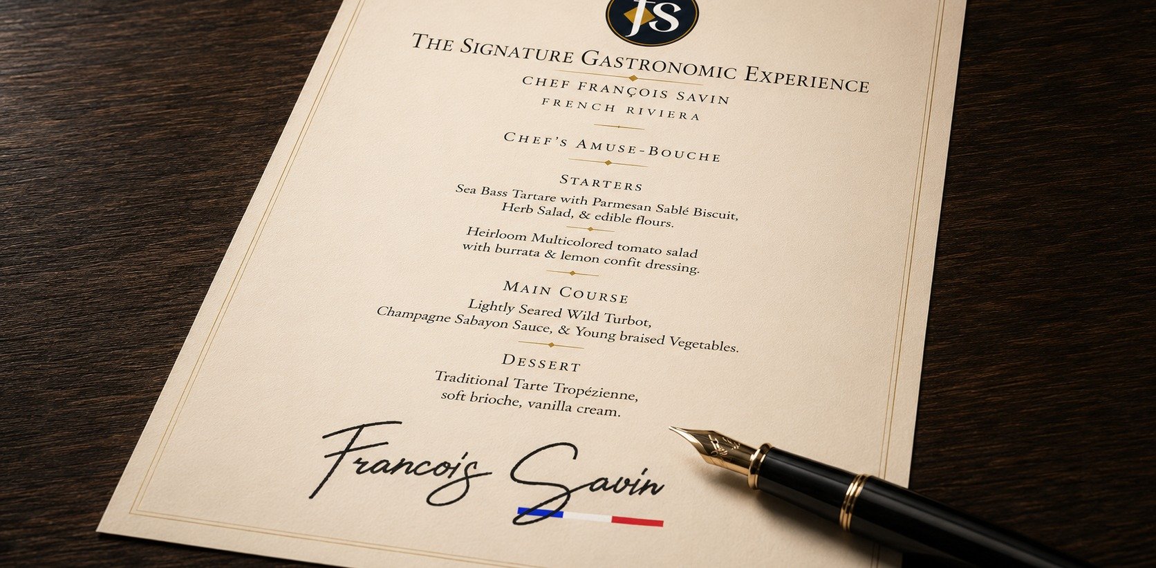 A printed signature tasting menu by Chef François Savin: amuse-bouche, starters, main course and dessert, signed by hand.